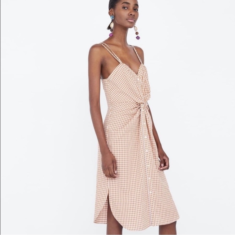 Zara Beige Gingham Midi Dress with Tie Front